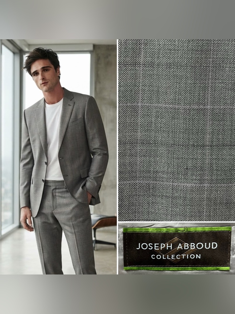 Joseph Abboud Collection Men’s 44L X38W Gray Windowpane Plaid Suit